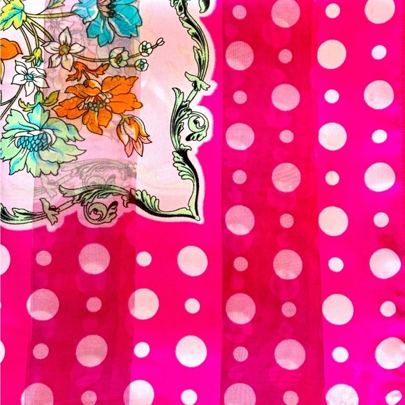 Pink Scarf polka dot & floral satiny nylon 38” square botanical business casual - Picture 4 of 4